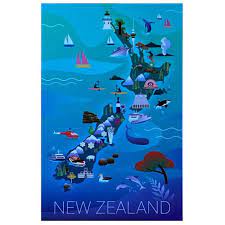 NZ Map & Icons Tea Towel